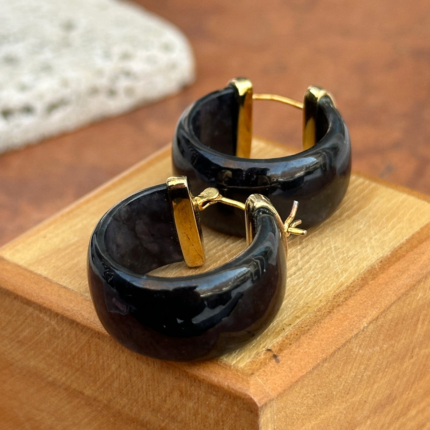 Estate 14KT Yellow Gold Plated Silver Black Jade Wide Round Hoop Earrings