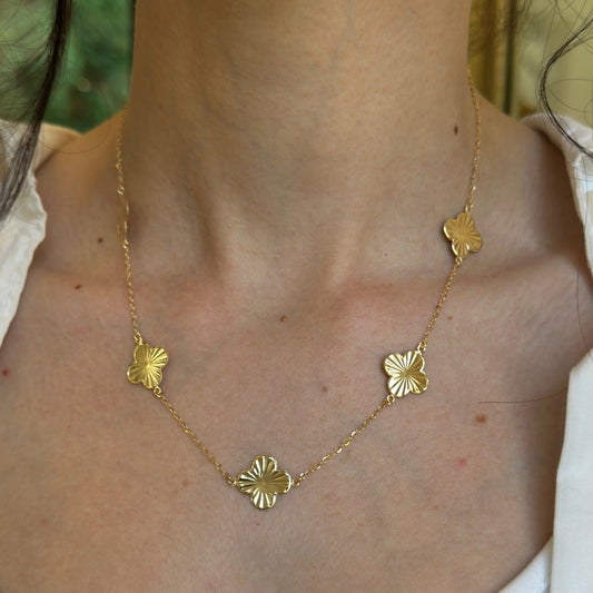 14KT Yellow Gold Diamond-Cut Clover Station Necklace