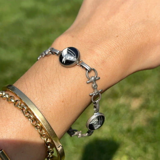 Estate Silver-Tone + Black Painted Glass Horse Link Bracelet