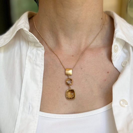14KT Yellow Gold Citrine + Textured Matte Gold Necklace
