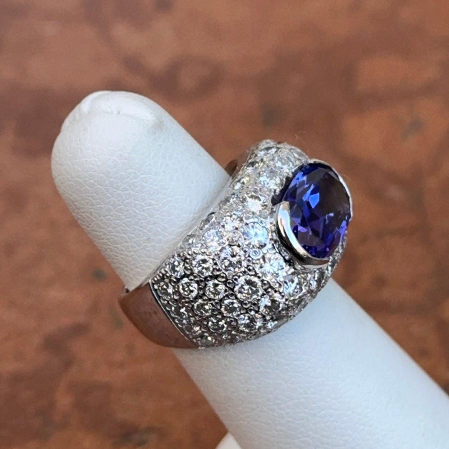 Estate 14KT White Gold Oval Tanzanite + Pave Diamond Ring