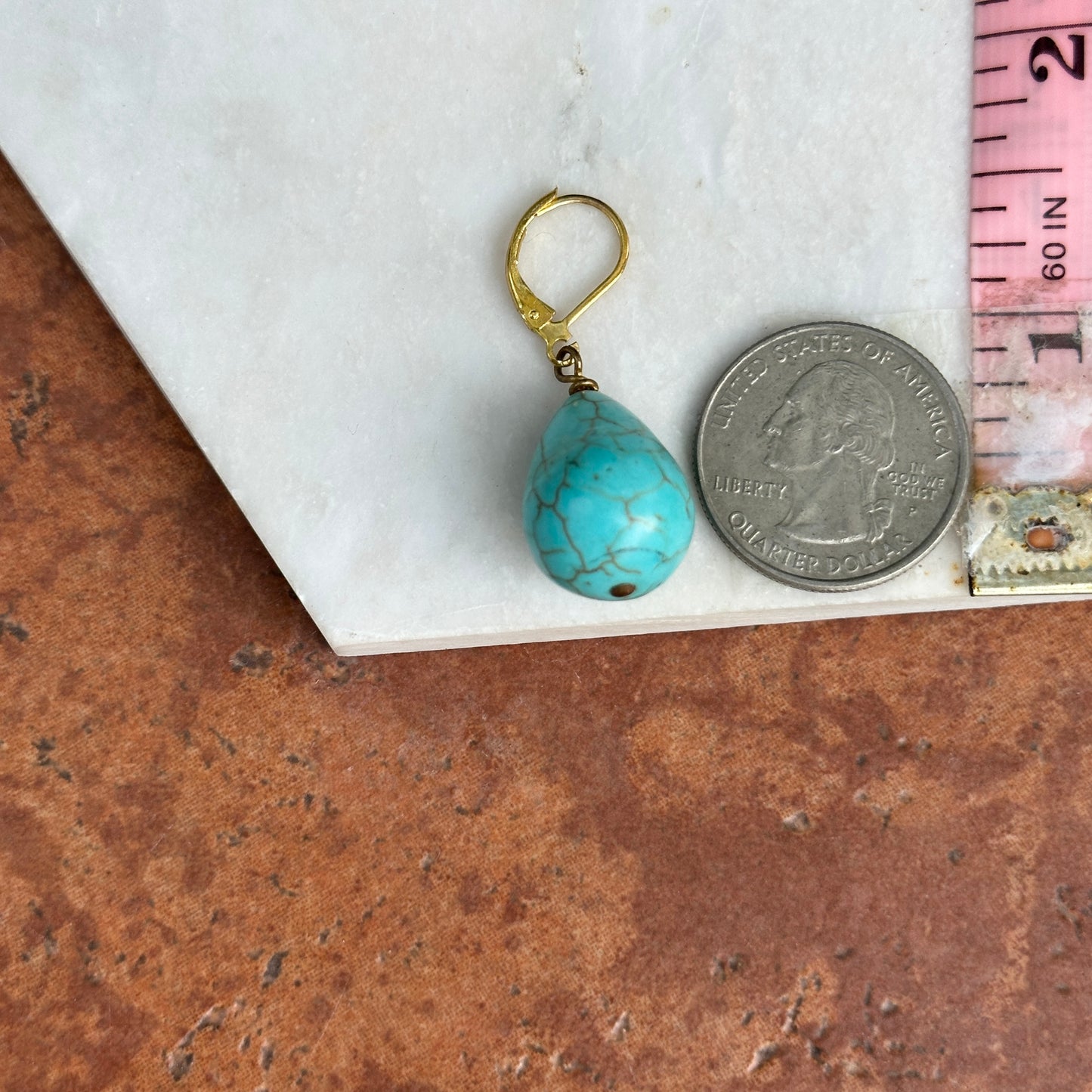 Yellow Gold-Plated Teardrop Turquoise Lever Back Dangle Earrings