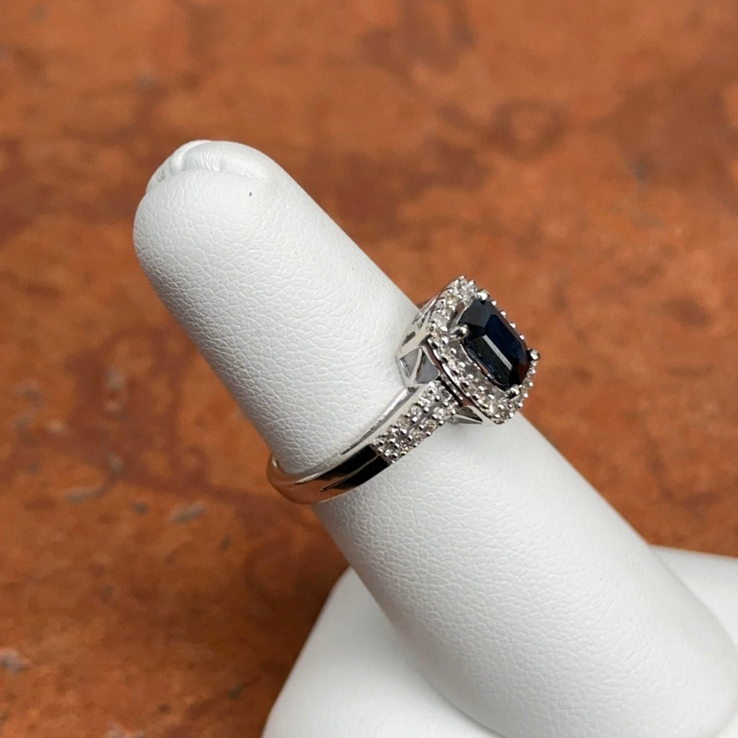 Estate 14KT White Gold Emerald-Cut Blue Sapphire + Diamond Square Halo Ring