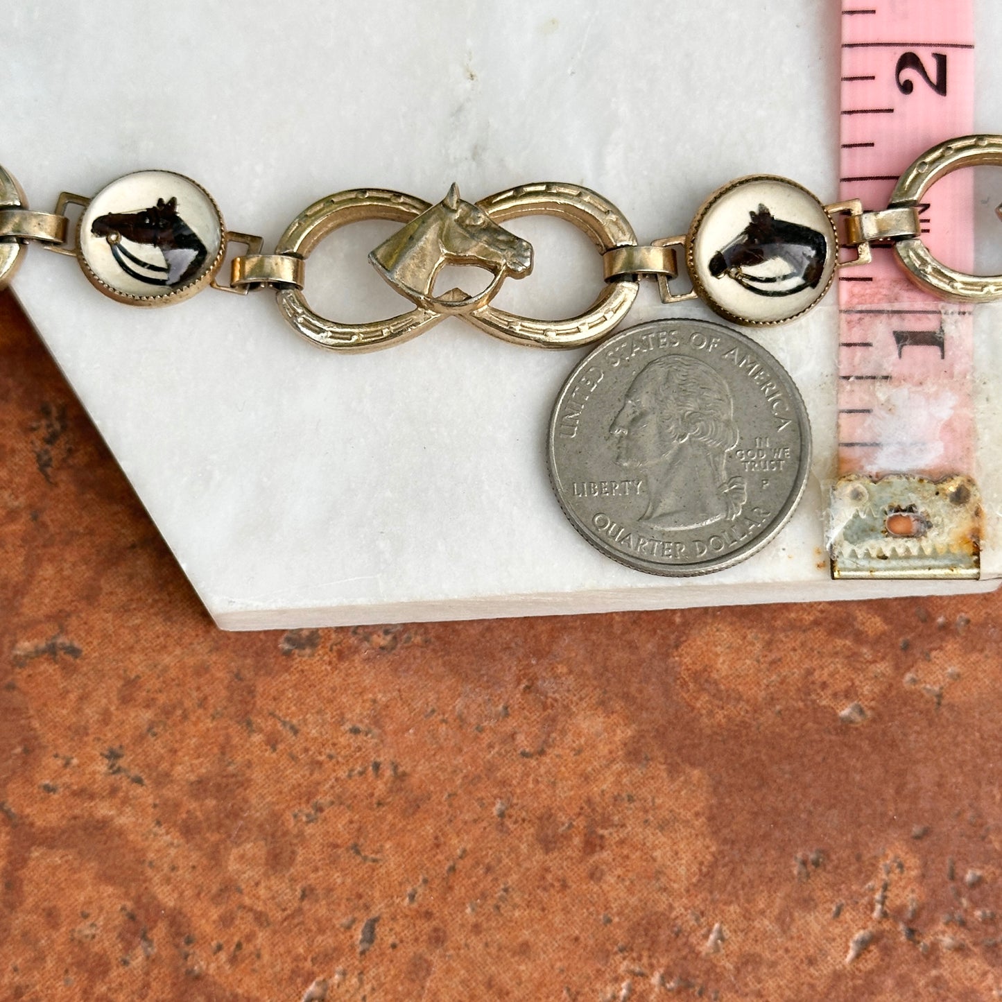 Antique Gold Tone Painted Horse Head + Double Horseshoe Link Bracelet