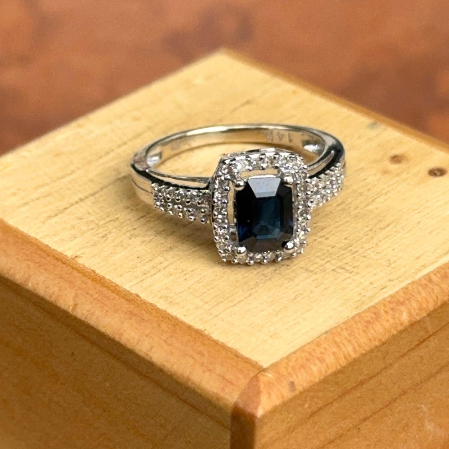 Estate 14KT White Gold Emerald-Cut Blue Sapphire + Diamond Square Halo Ring