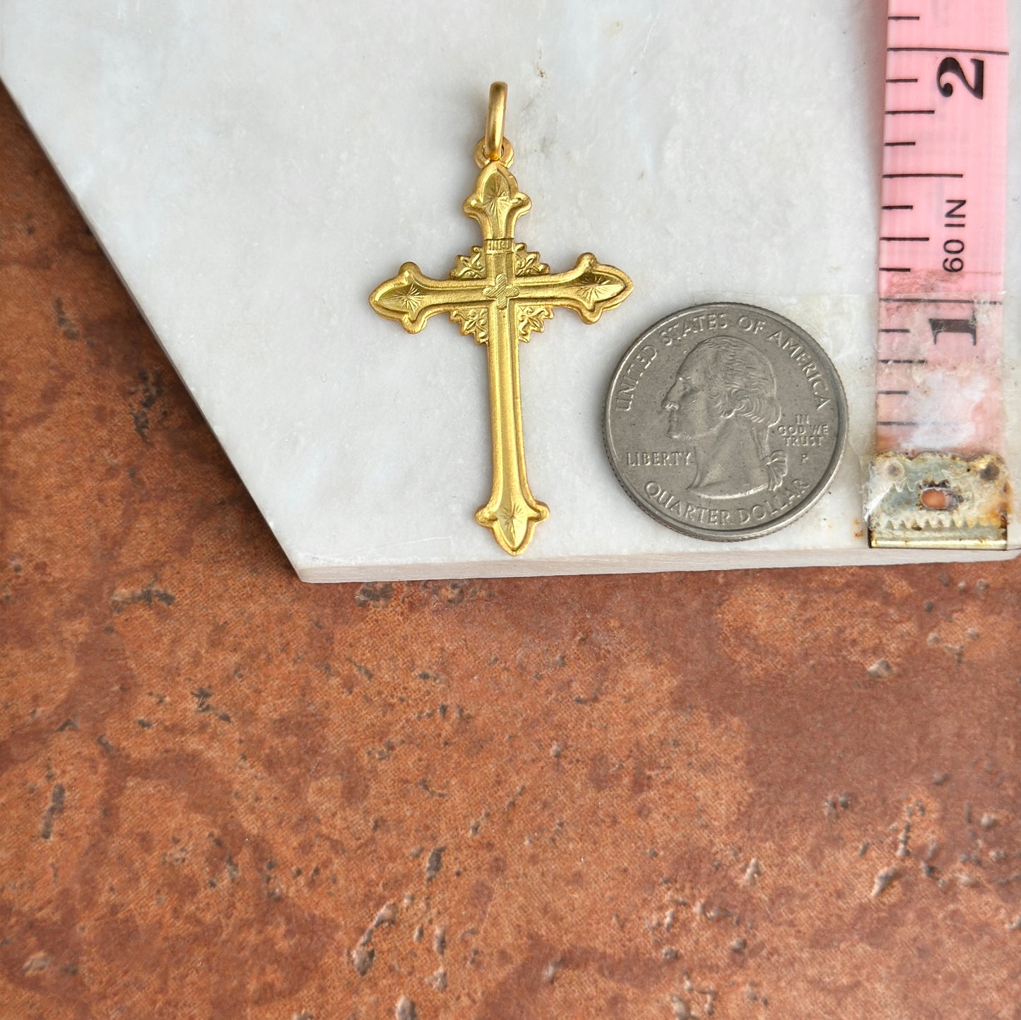 14KT Yellow Gold Matte Solid Cross Pendant 40mm