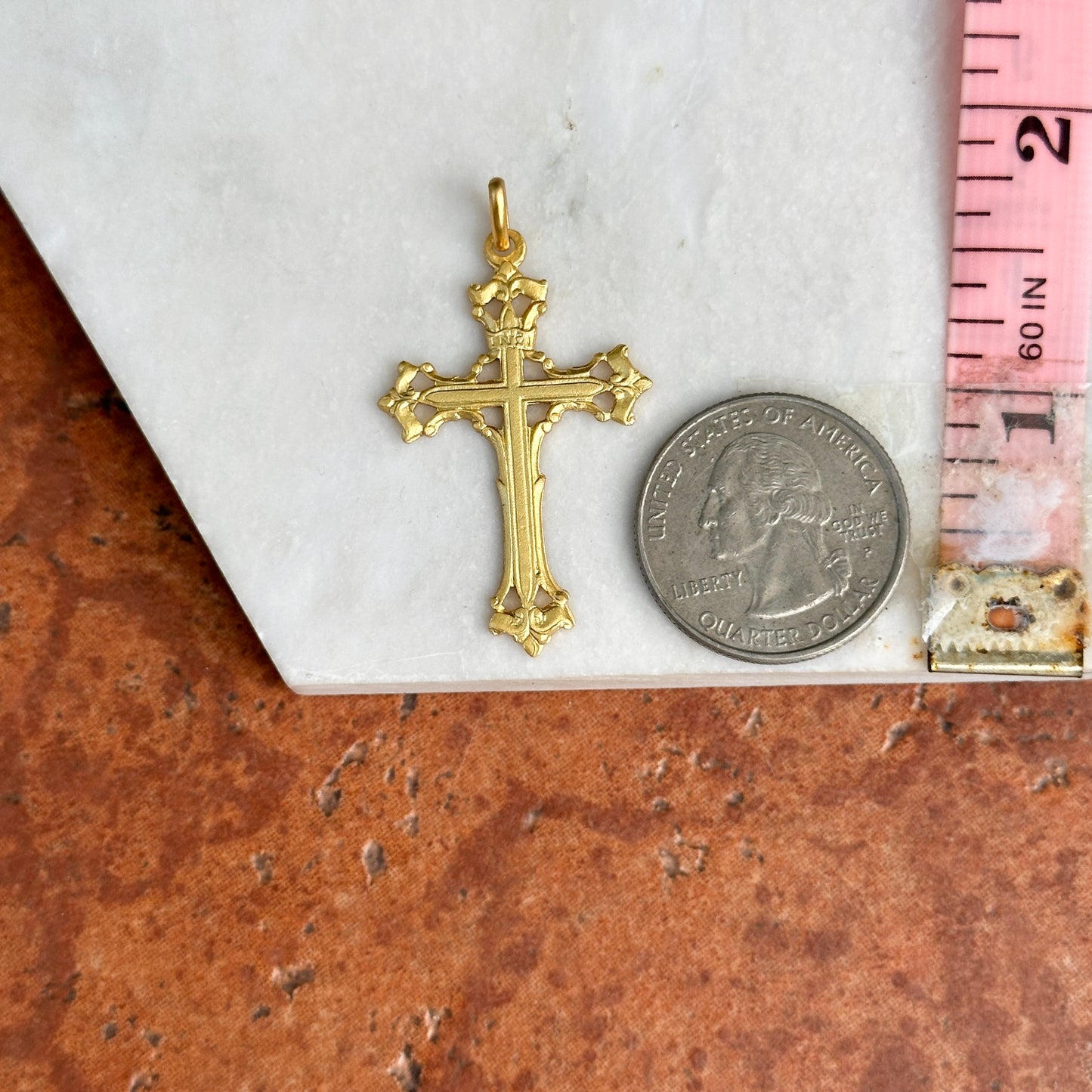 14KT Yellow Gold Matte Solid Filigree Cross Pendant 40mm