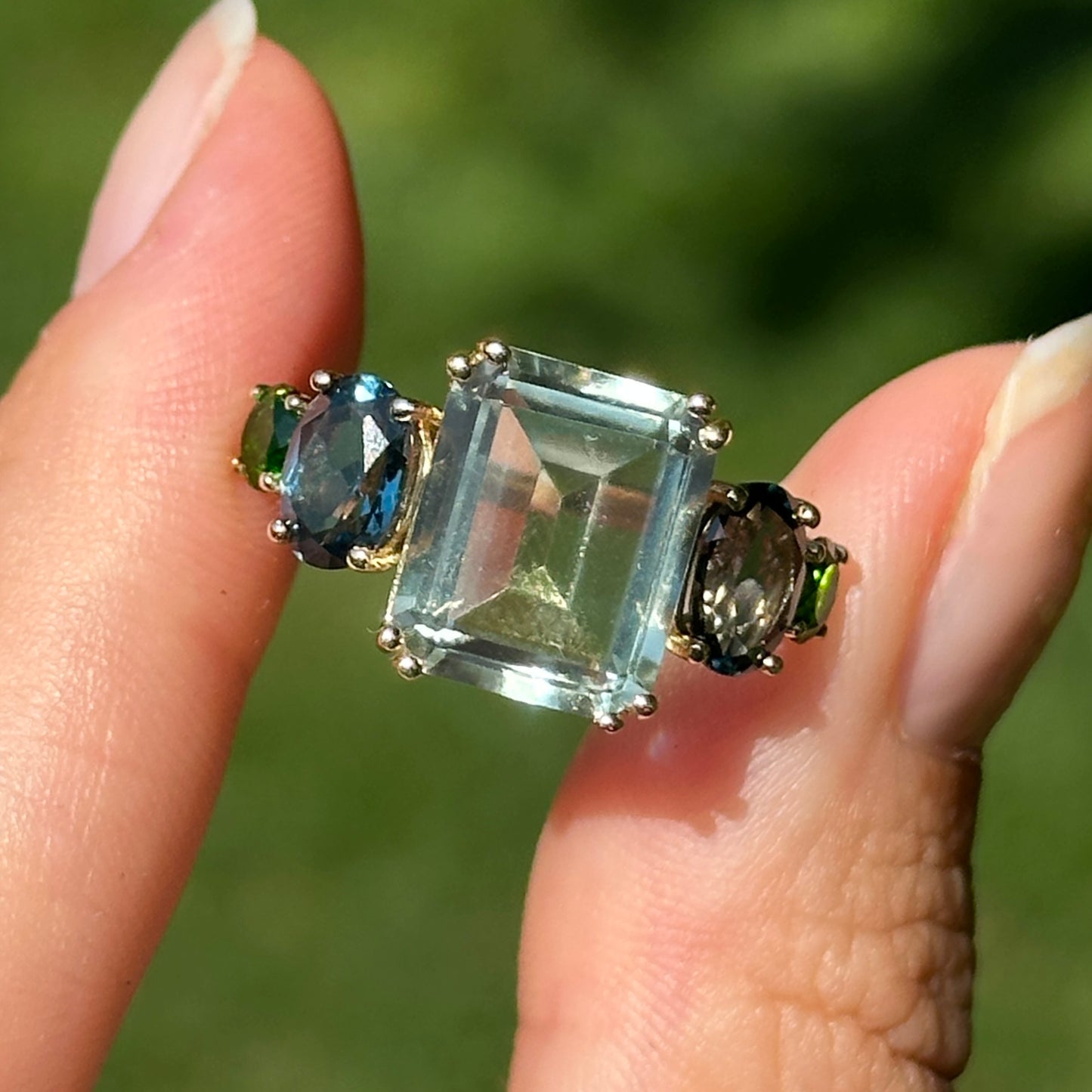 14KT Yellow Gold Green Amethyst, Oval London Blue Topaz, Round Chrome Diopside Ring