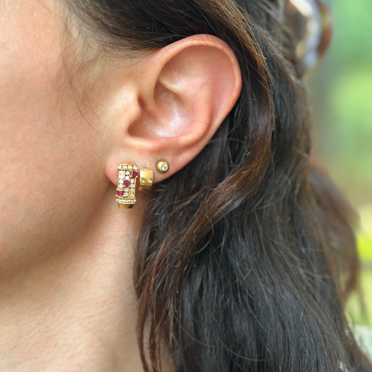 Estate 18KT Yellow gold Ruby + Diamond Omega Back Earrigs