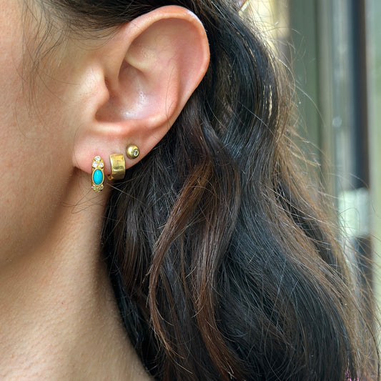 14KT Yellow Gold Turquoise + Diamond Huggie Hoop Earrings - LSJ