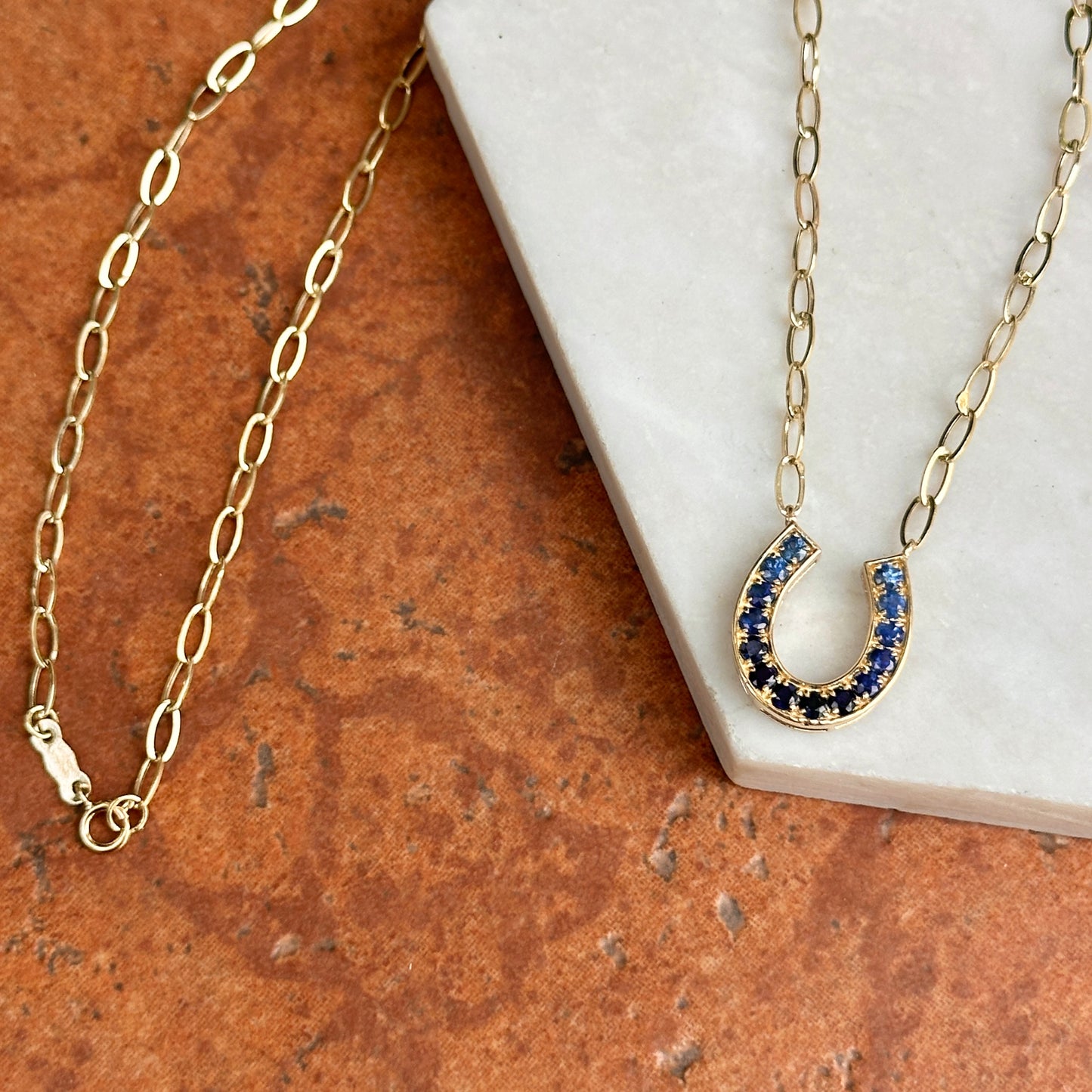 14KT Yellow Gold Ombre Blue Sapphire Horseshoe Necklace