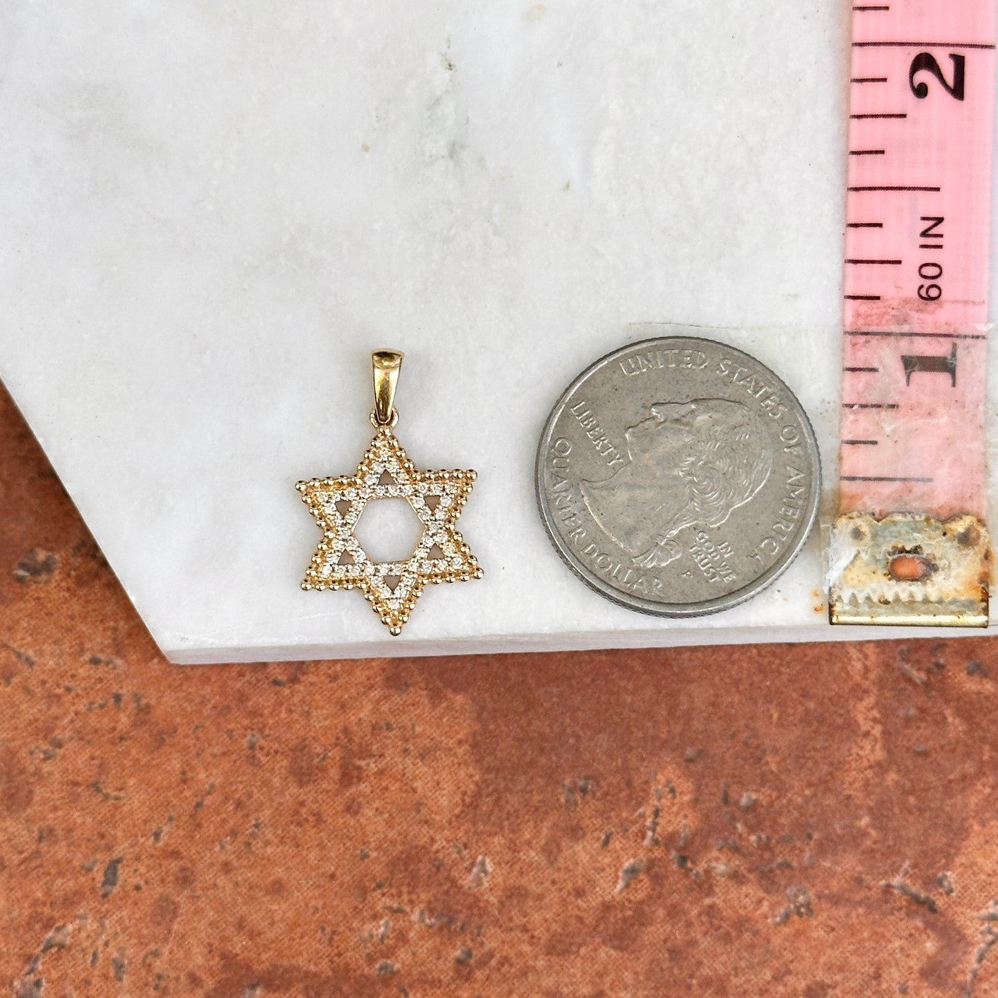 14KT Yellow Round Pave Diamond Beaded Star of David Pendant Charm