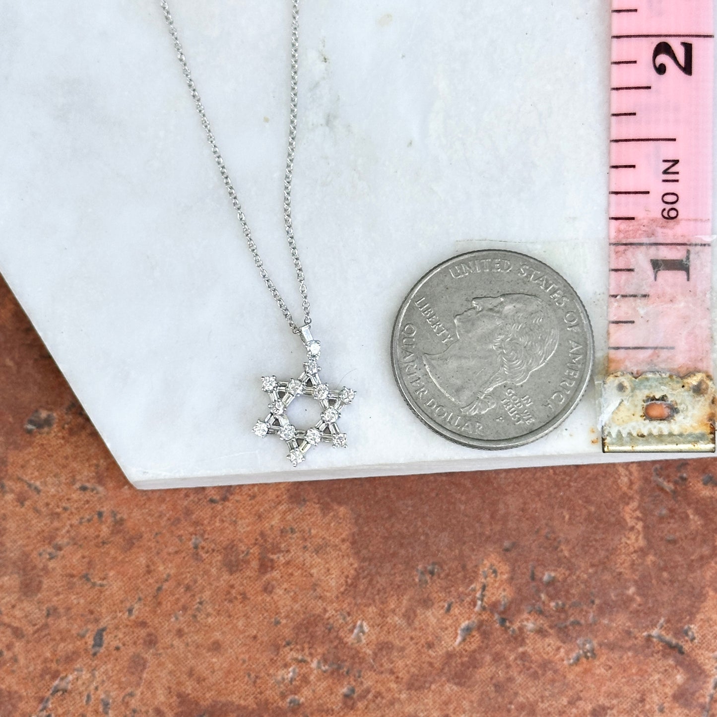 14KT White Gold Baguette and Round Diamond Prong Set Star Of David Necklace 16in