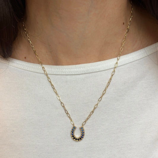 14KT Yellow Gold Ombre Blue Sapphire Horseshoe Necklace