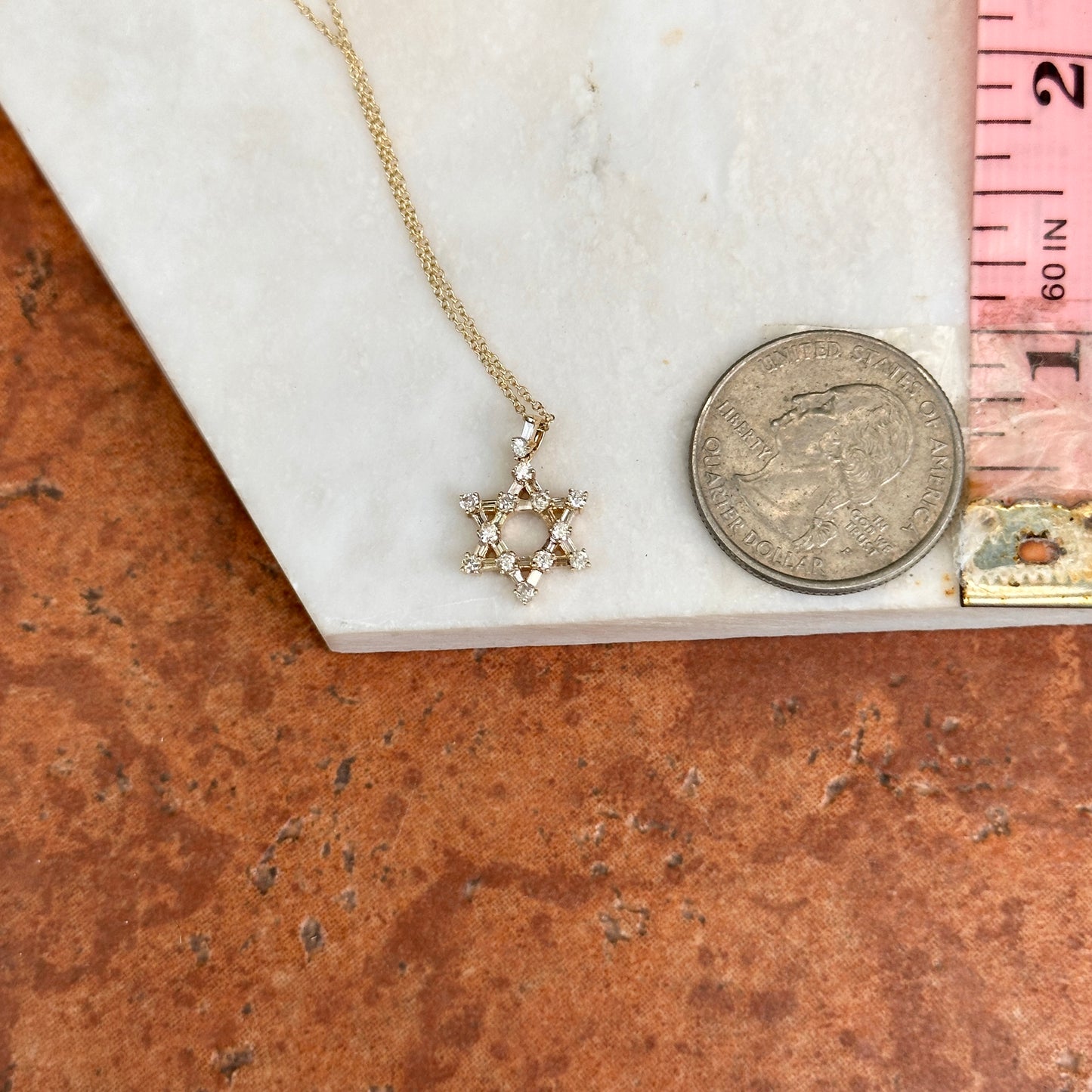 14KT Yellow Gold Baguette + Round Diamond Star Of David Necklace 16''