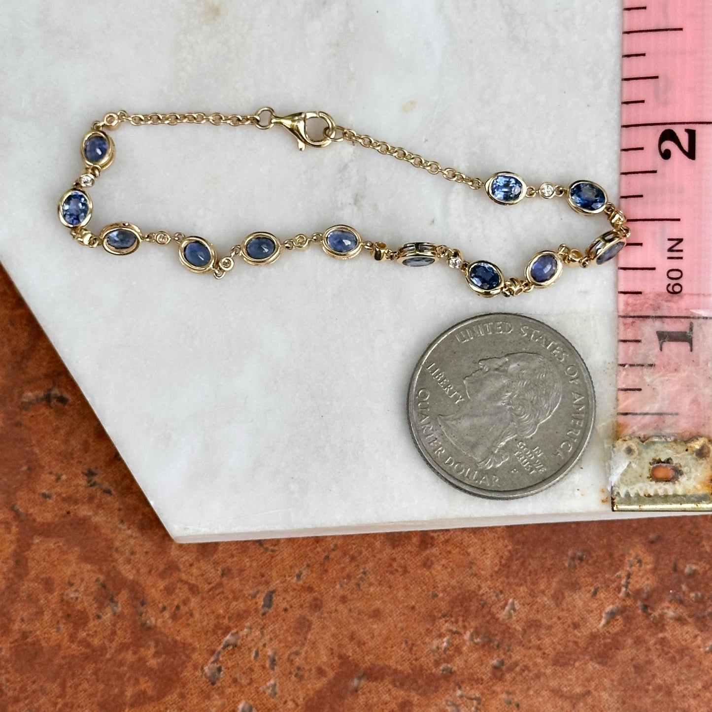Estate 14KT Yellow Gold Oval Blue Sapphire + Round Diamond Bezel Link Bracelet - LSJ