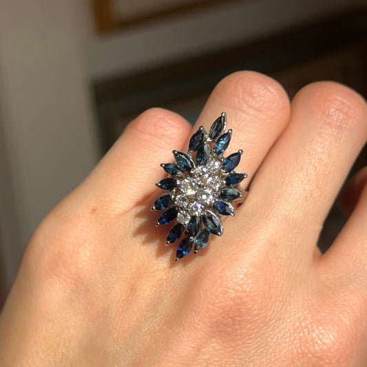 Estate 14KT White Gold Blue Sapphire + Diamond Mid Century Ring