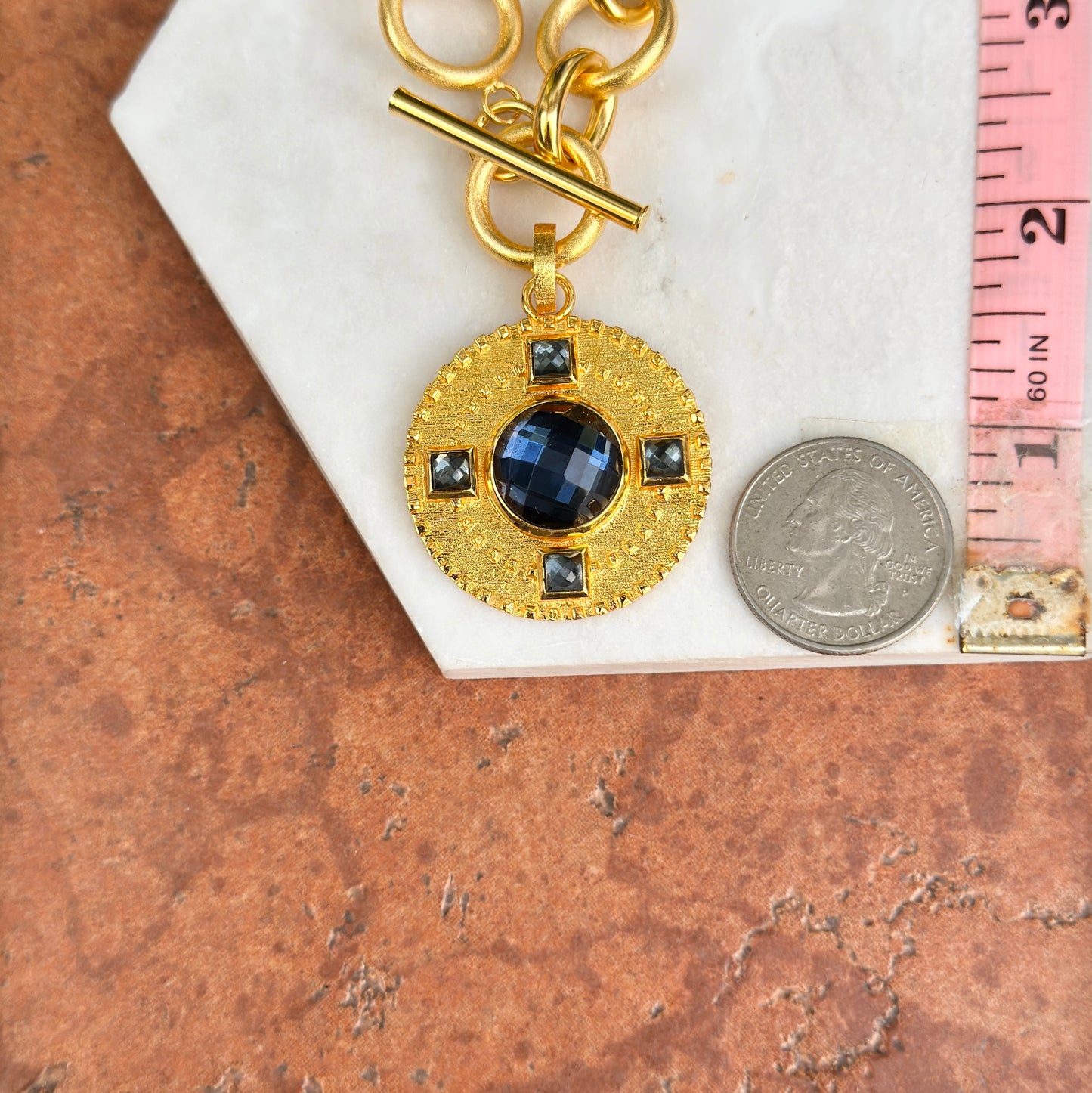 Yellow Gold-Plated Square and Round Blue Stone Toggle Necklace
