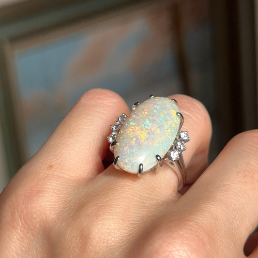 Estate 18KT White Gold Oval Opal + Diamond ring