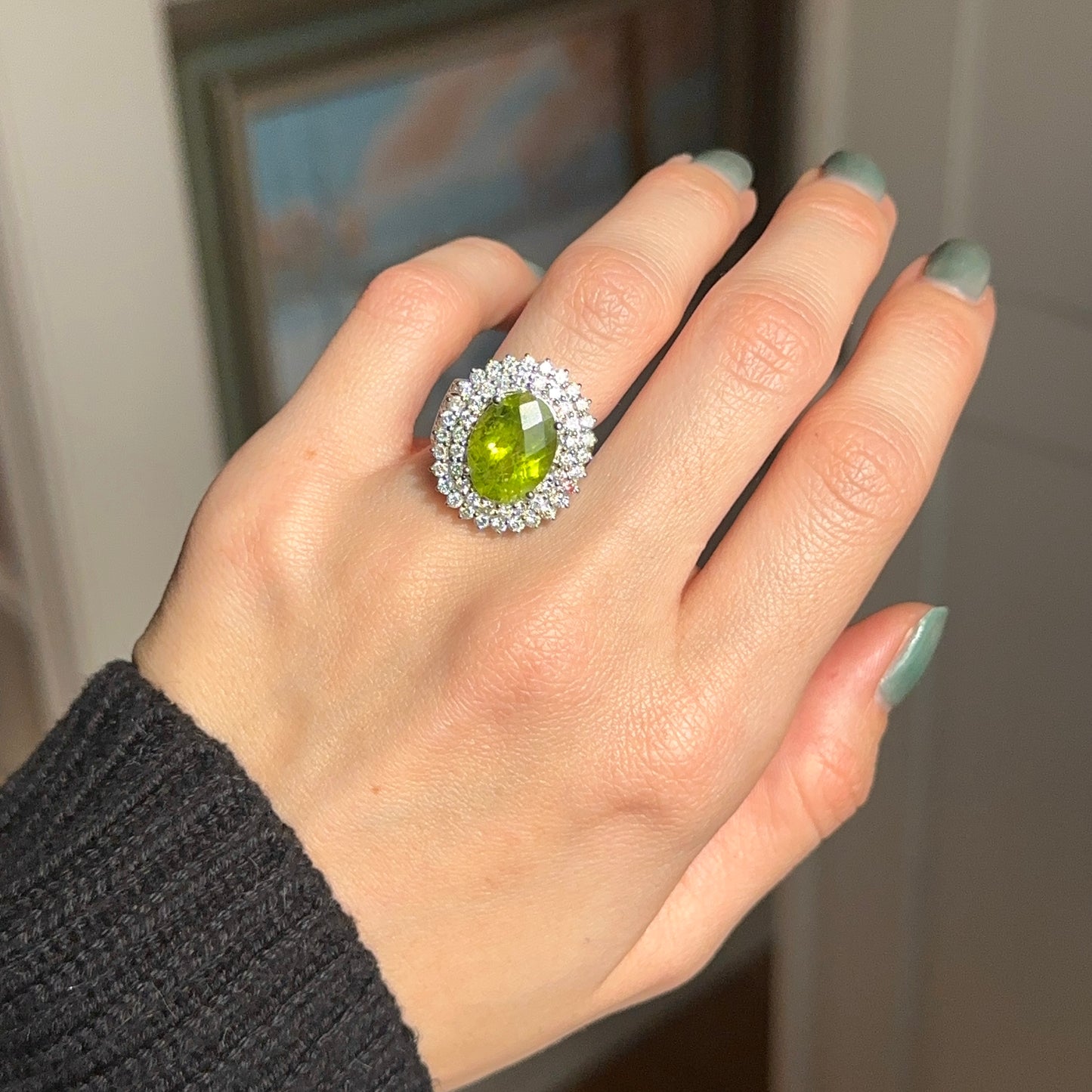 Estate 14KT White Gold Oval 5.3 CT Peridot + Diamond Halo Ring
