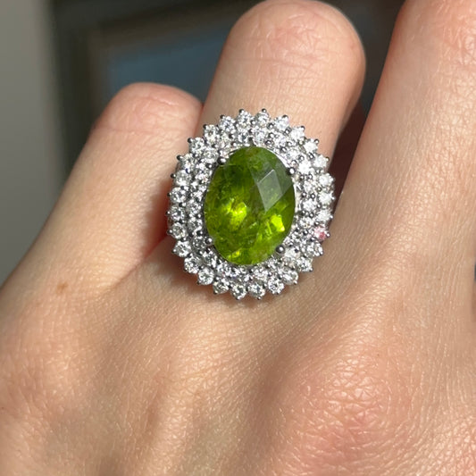 Estate 14KT White Gold Oval 5.3 CT Peridot + Diamond Halo Ring