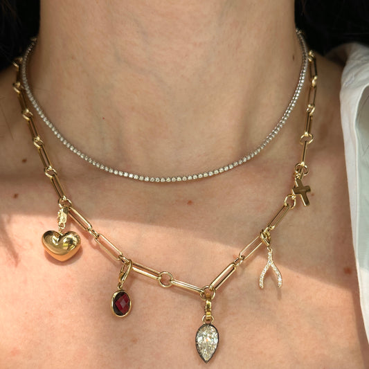 14KT Yellow Gold Oval Bar Link + Station Circle Chain Necklace