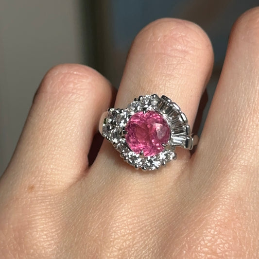 Estade Platinum Round Pink Tourmaline + Diamond Halo Bypass Ring