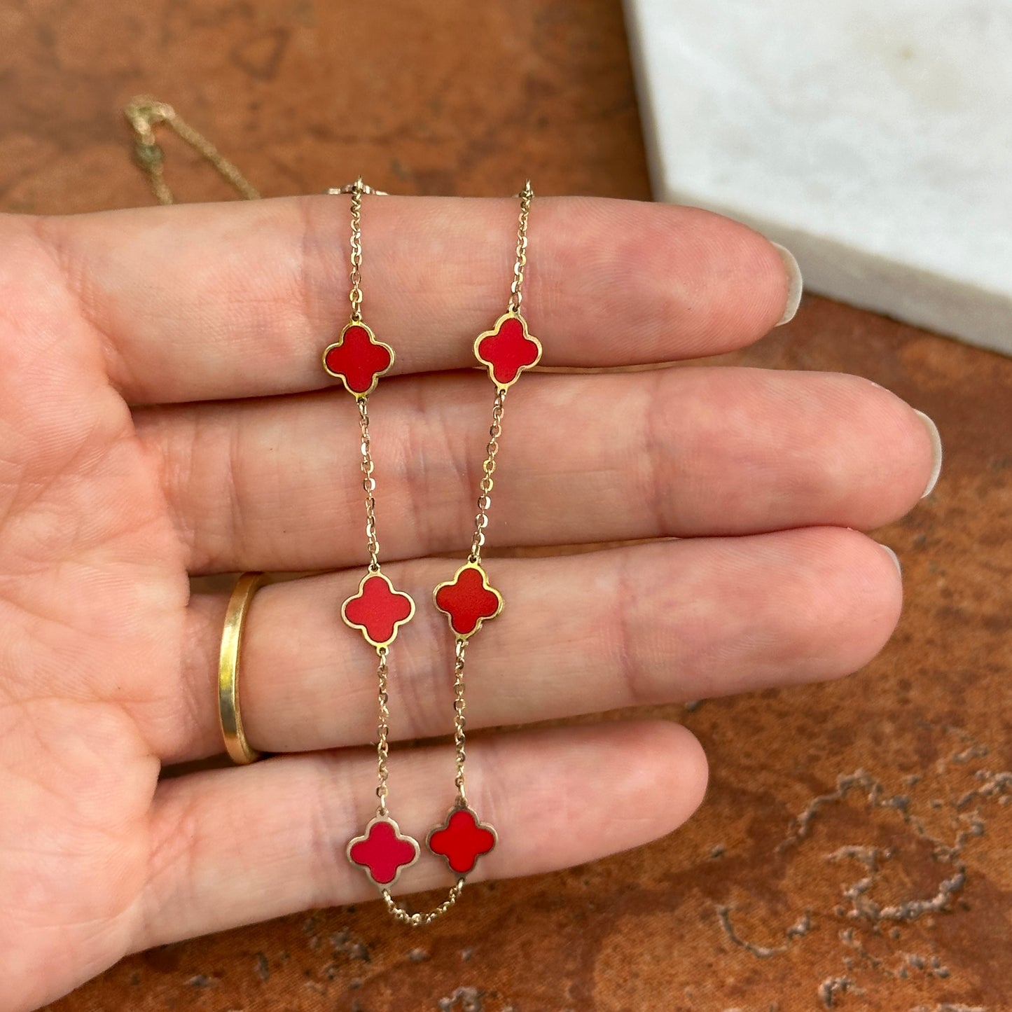 14KT Yellow Gold 7mm Red Enamel Clover Station Necklace