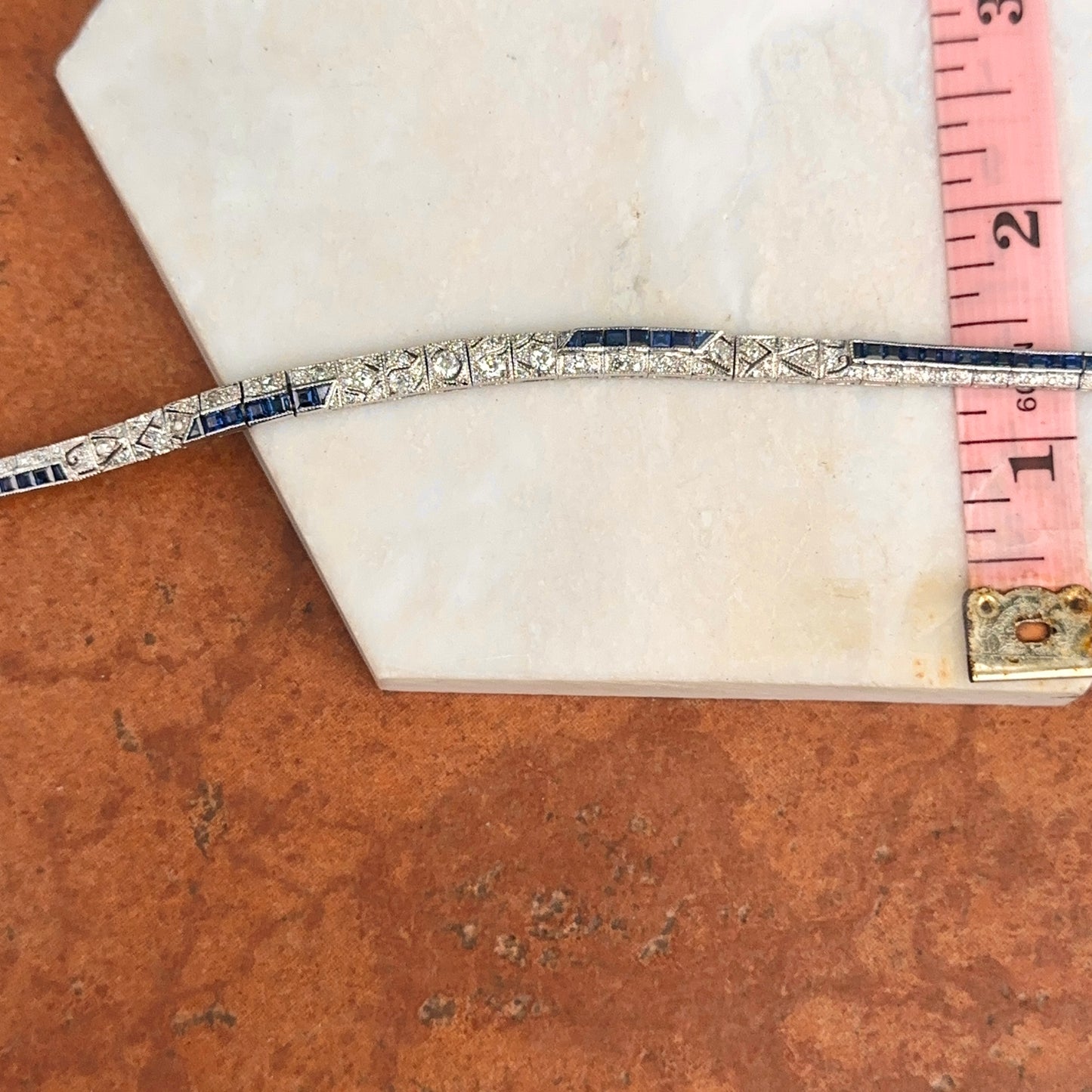 Estate Platinum Blue Sapphire + Diamond Art Deco Tennis Bracelet