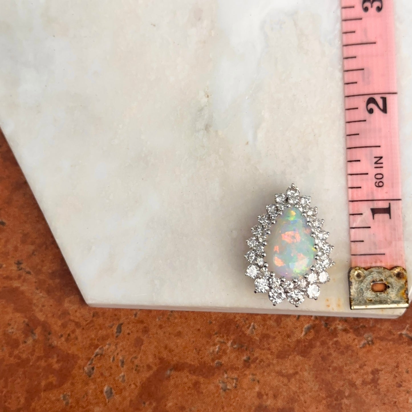 Estate 18KT White Gold Pear Opal + Double Diamond Halo Pendant Slide