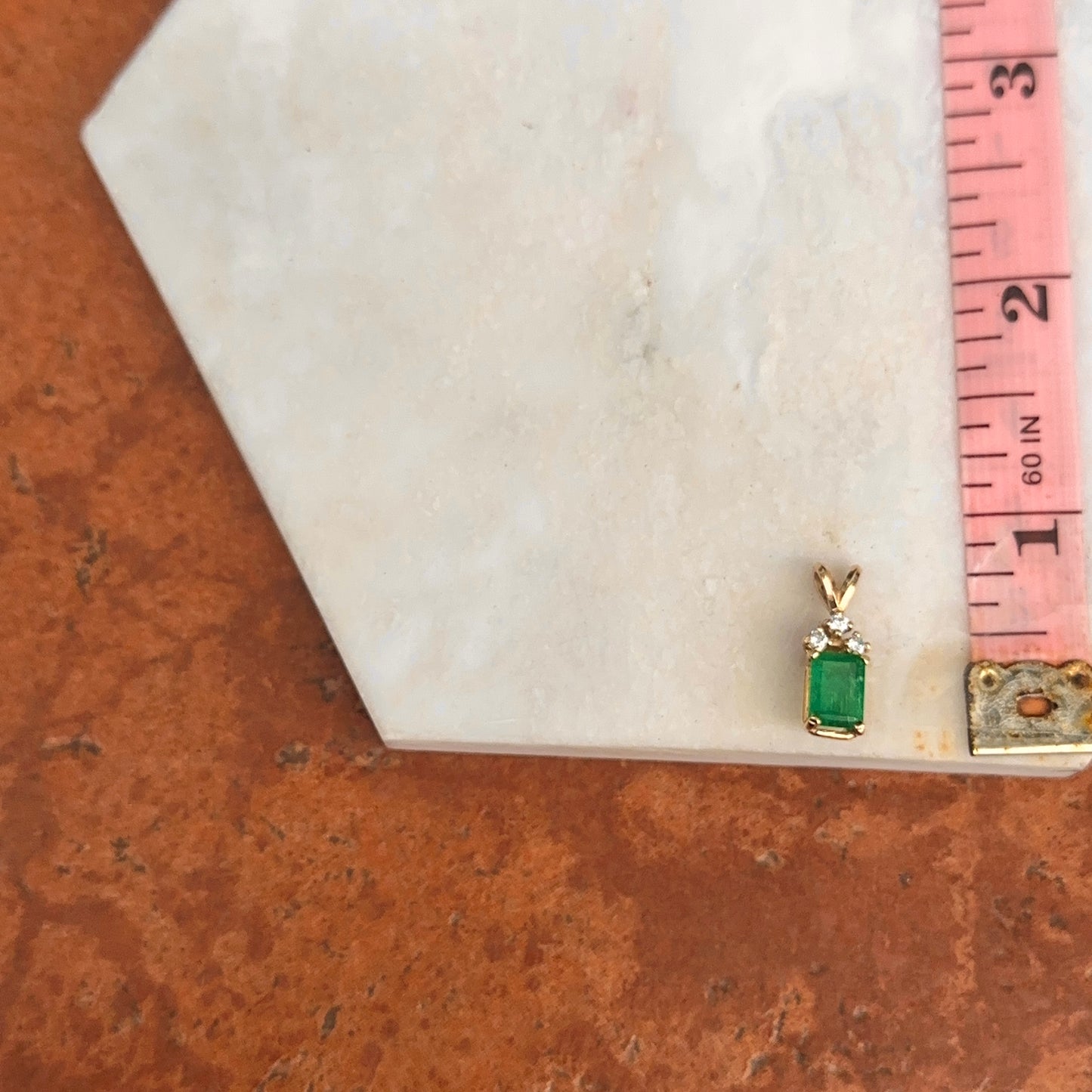 Estate 14KT Yellow Gold Emerald-Cut Emerald + Diamond Pendant