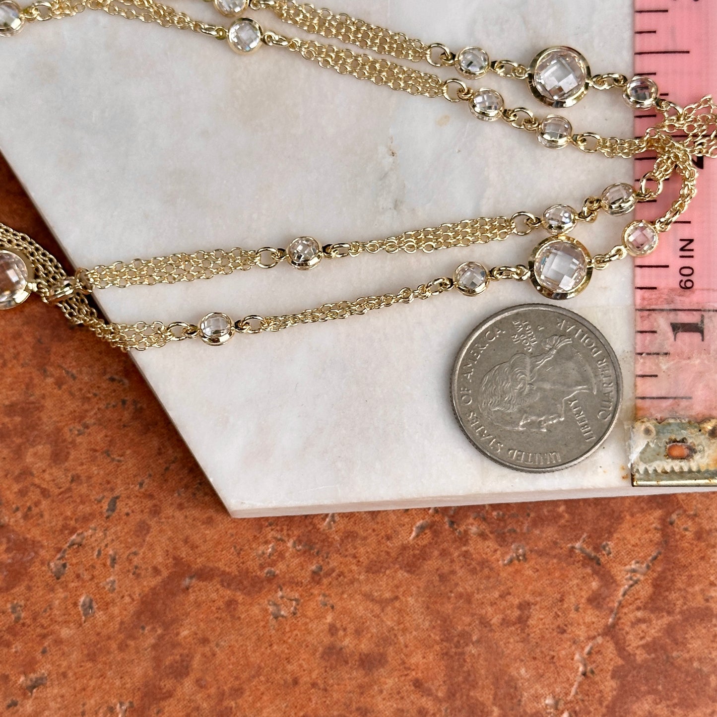 Yellow Gold-Plated Round Checkerboard Cubic Zirconia Three-Strand Necklace