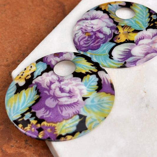 Estate Genuine Mother of Pearl Floral Painted Round Earring Charms