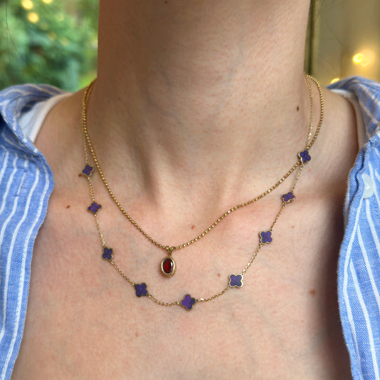 14KT Yellow Gold 7mm Purple Amethyst Clover Station Chain Necklace