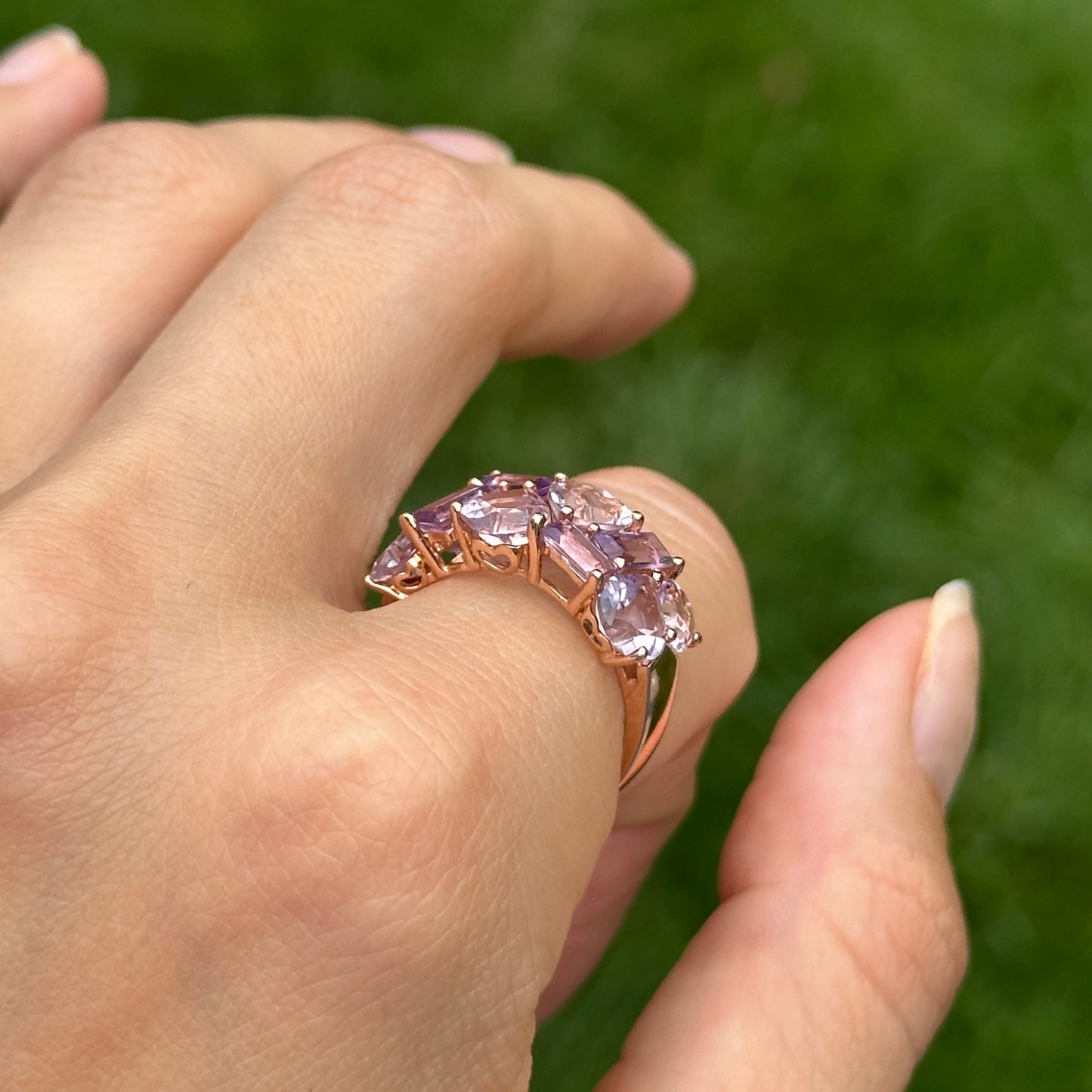 Estate 14KT Rose Gold Heart + Baguette Pink & Purple Amethyst Ring