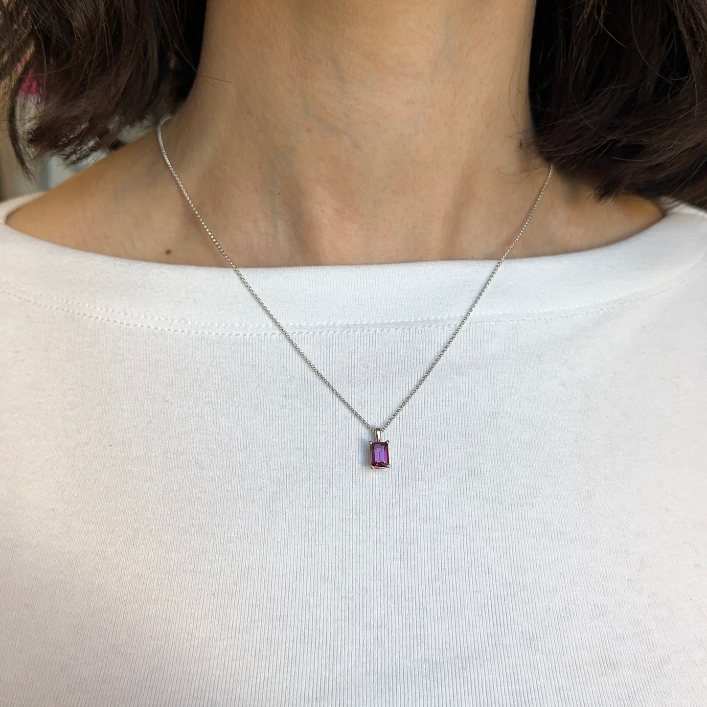 14KT White Gold Emerald-Cut Rhodolite Garnet Pendant