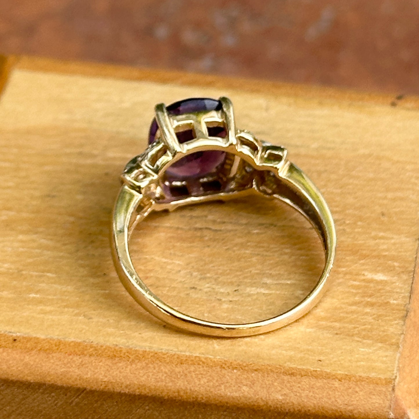 Estate 14KT Yellow Gold Cushion Amethyst + Diamond Ring