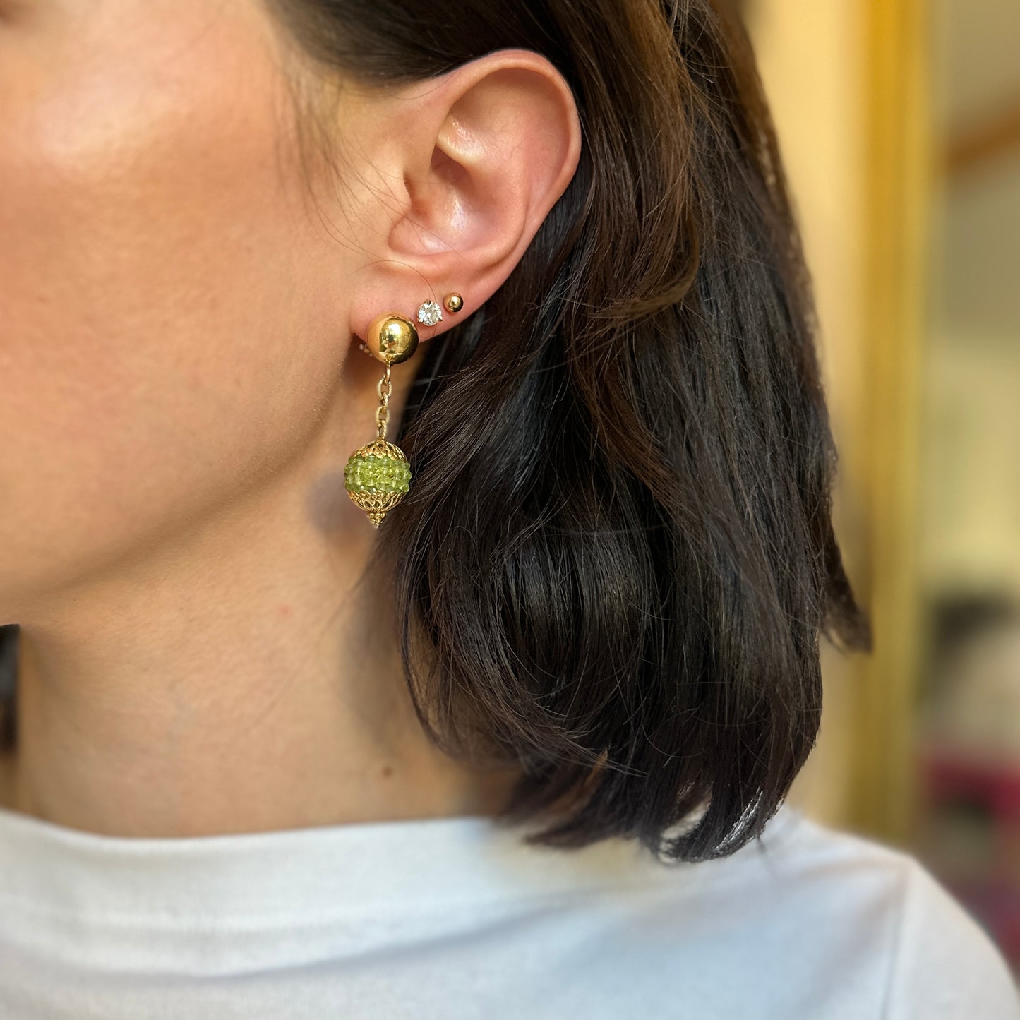 Estate 18KT Yellow Gold Filigree Peridot Ball Button Earrings - LSJ