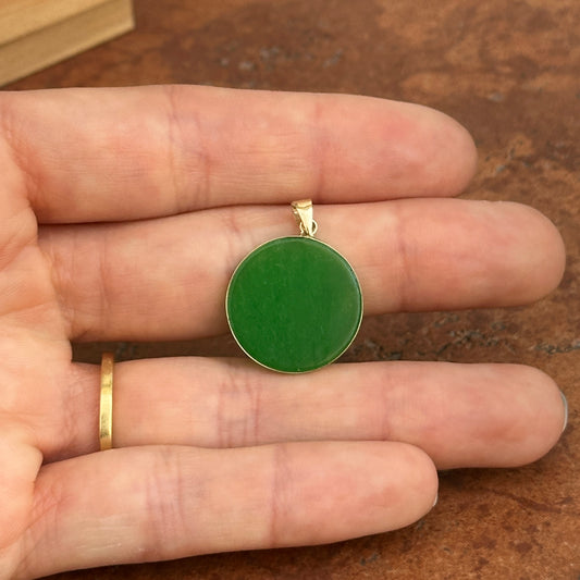 Estate 14KT Yellow Gold Flat Green Jade Bezel Round Pendant - LSJ