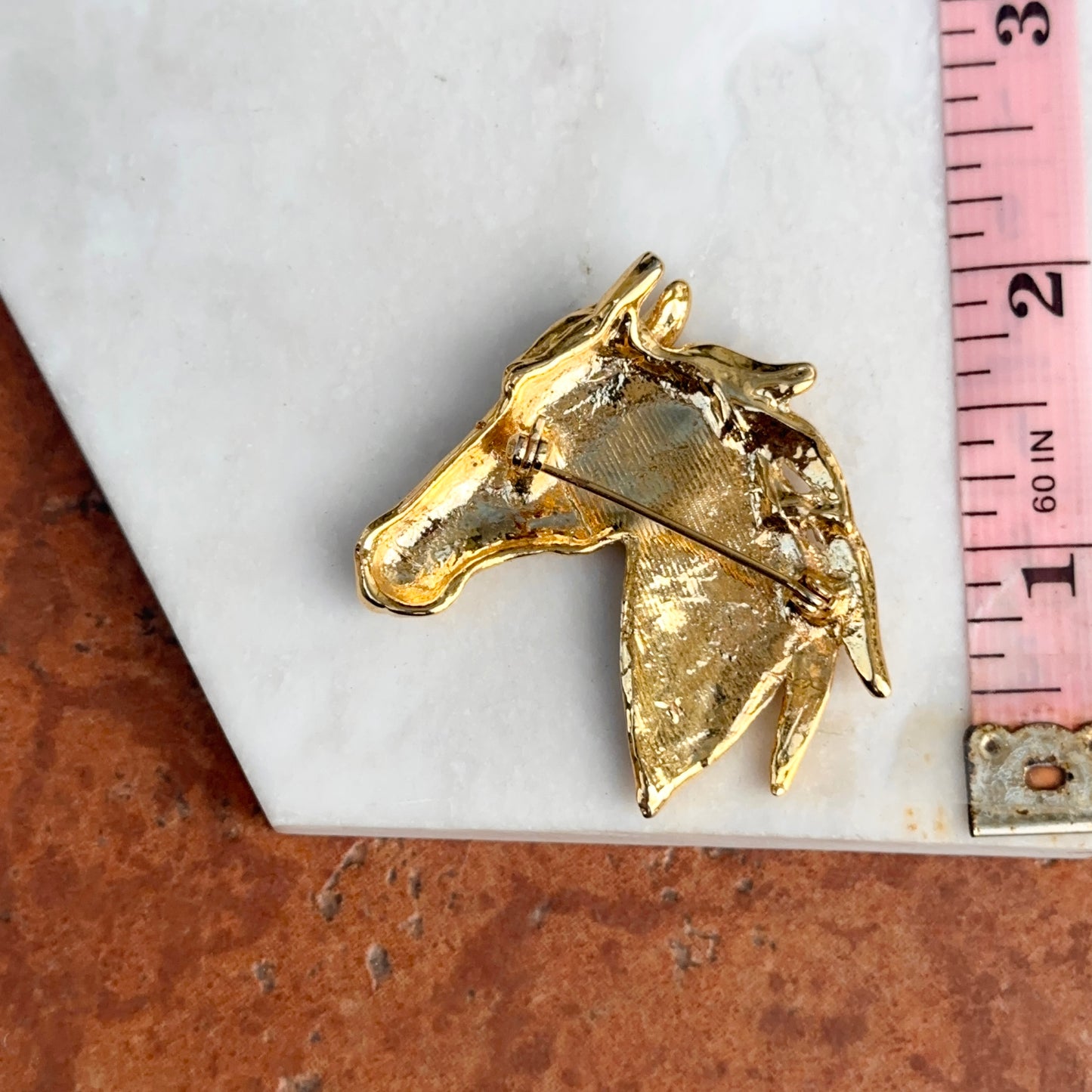 Estate Gold-Tone White + Green Stones Horse Pin Brooch