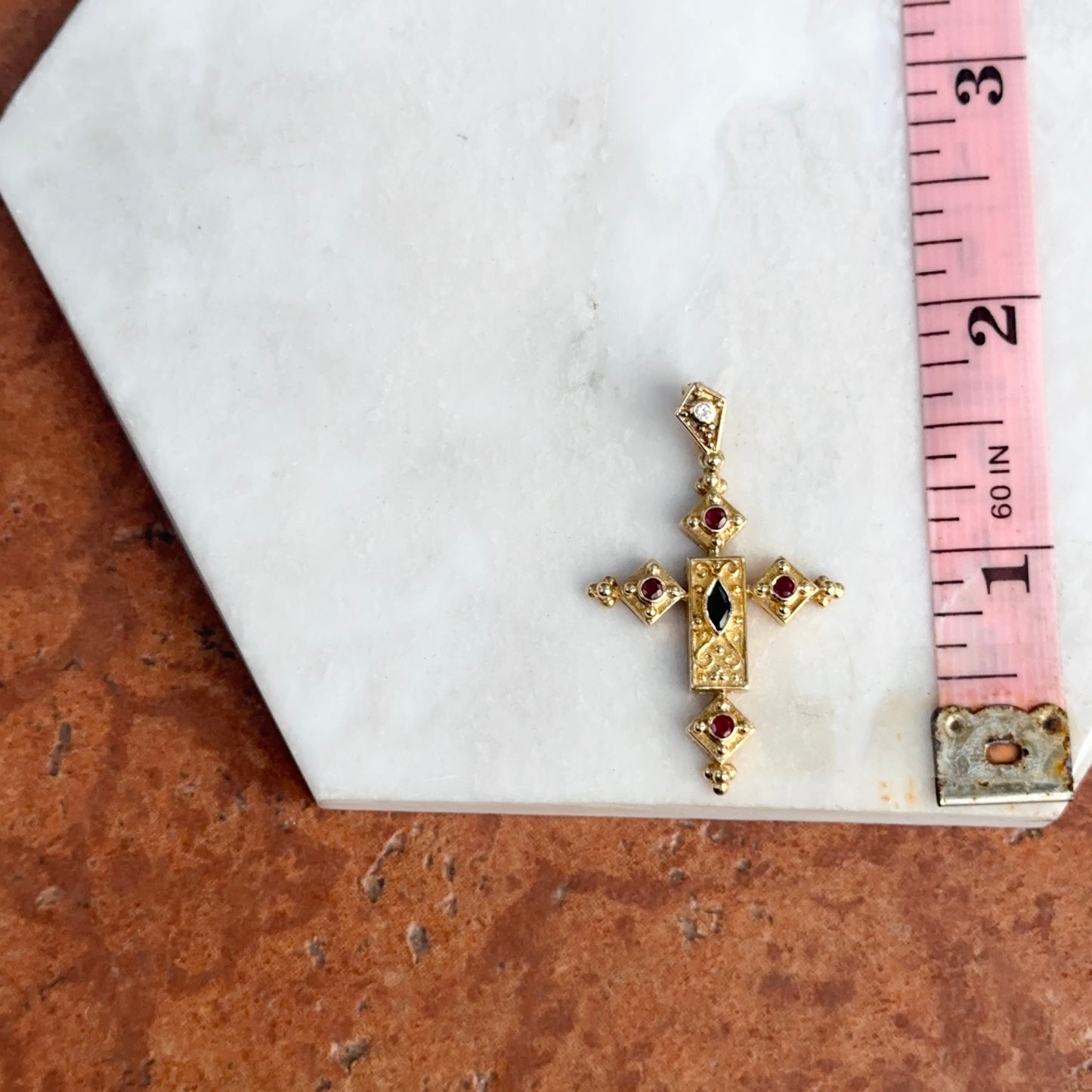 Estate 14KT Yellow Gold Sapphire, Ruby, + Diamond Byzantine Cross Pendant