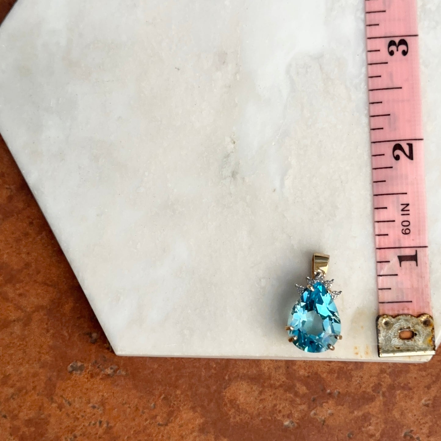 Estate 14KT Yellow Gold Pear Blue Topaz + Diamond Pendant