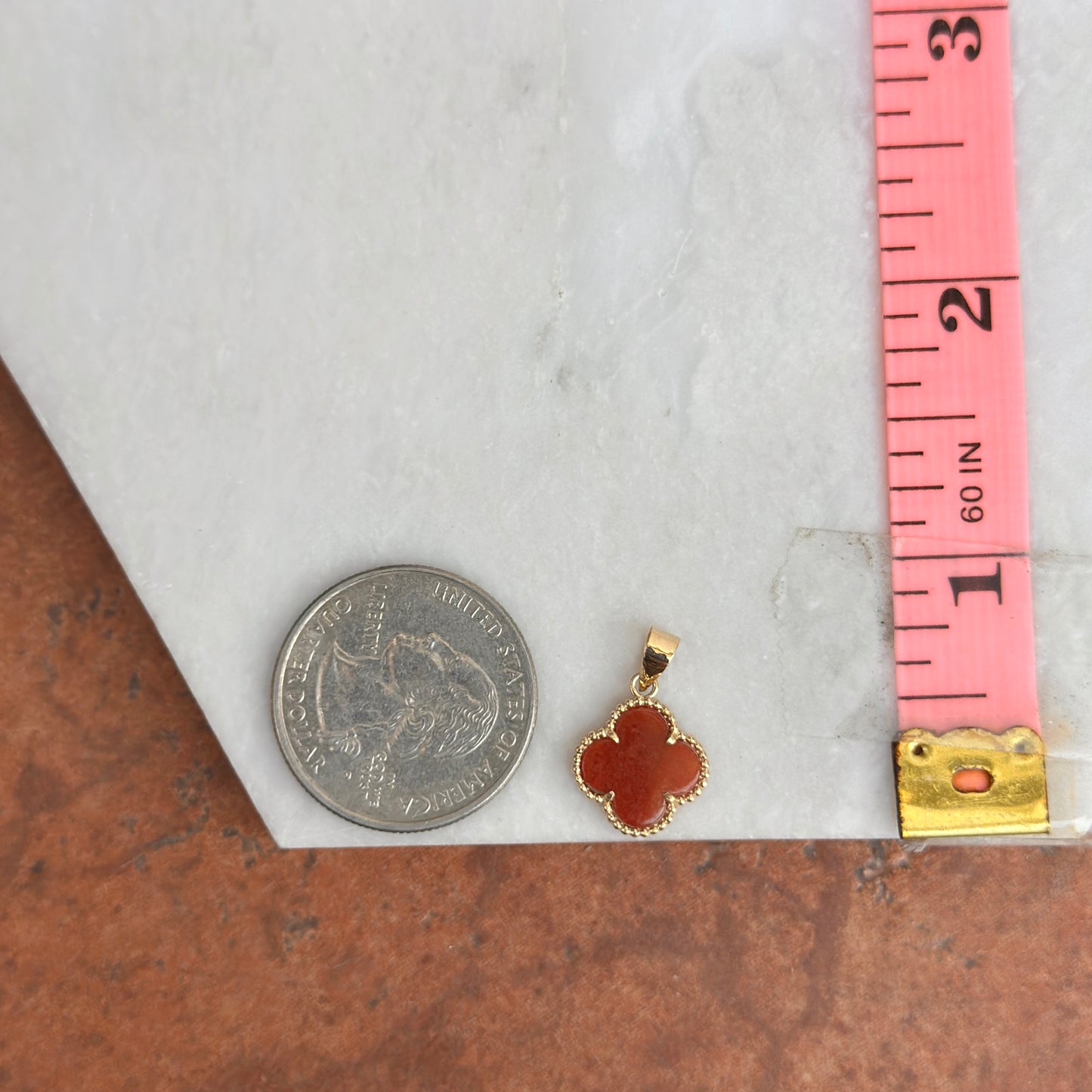 14KT Yellow Gold Red Jade Clover Beaded Pendant Charm