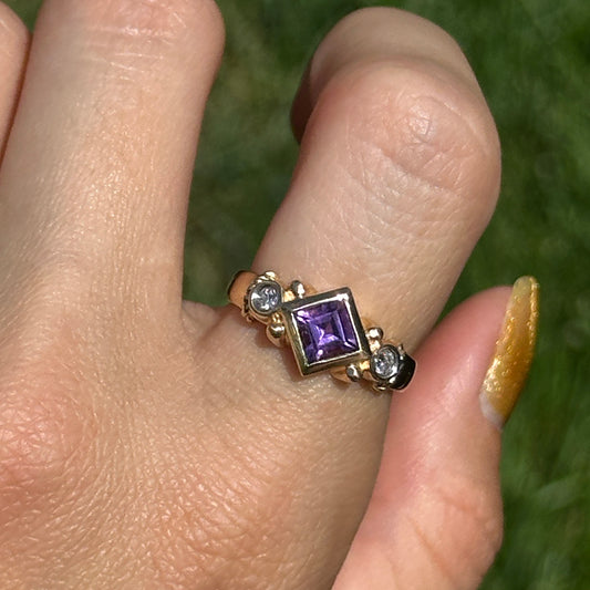 Estate 14KT Yellow Gold Bezel Square Amethyst + Diamond Ring