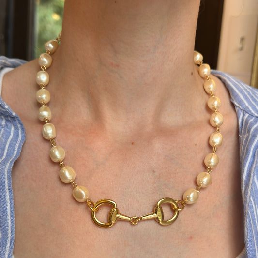 Yellow Gold-Plated Near Round Pearl Bead Horse Bit Necklace 20''