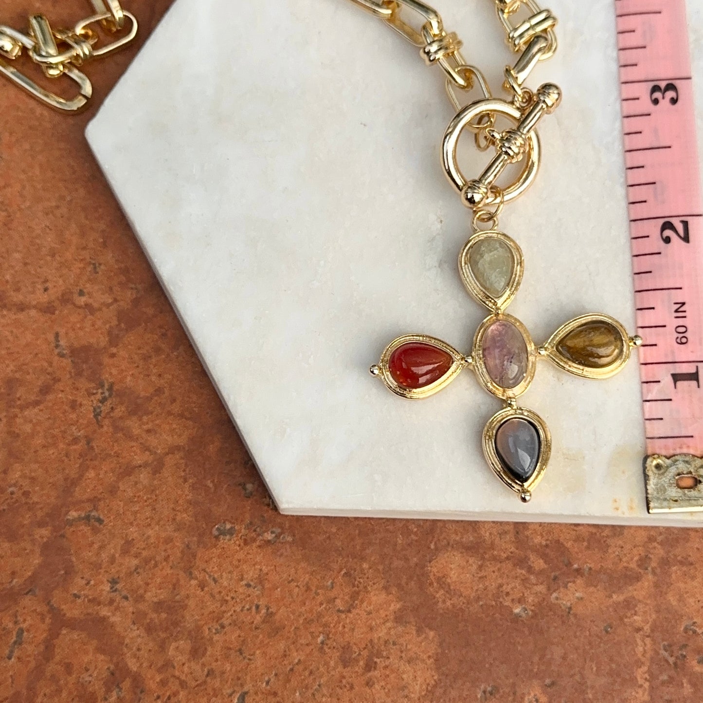 Estate Gold-Tone Gemstone Cross Toggle Paperclip Necklace