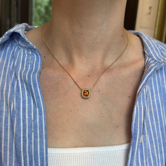 Estate 18KT Yellow Gold Checkerboard Citrine + Diamond Pendant Necklace