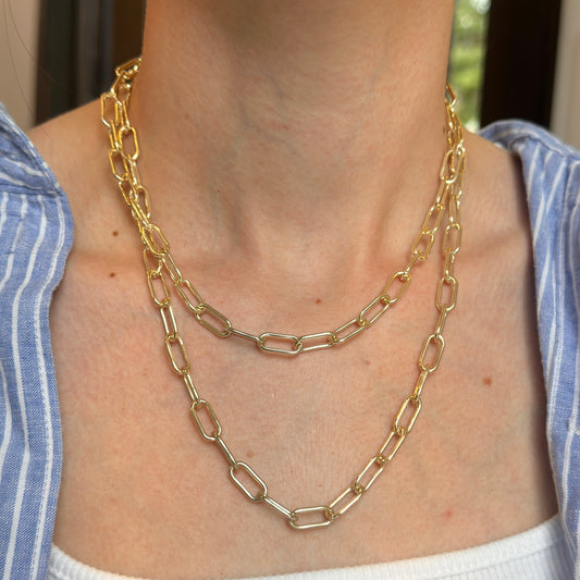 14KT Yellow Gold-Plated Long Paper Clip Chain Open Link 36'' + Extender