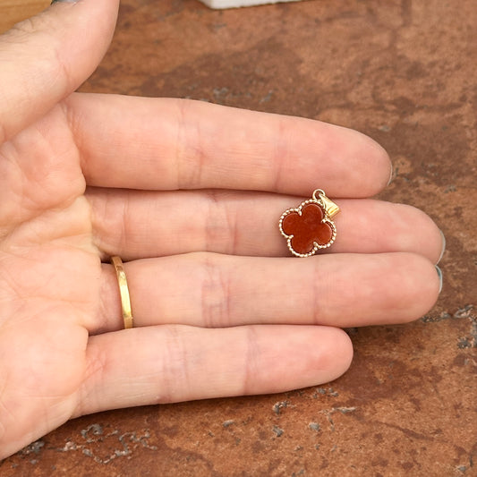 14KT Yellow Gold Red Jade Clover Beaded Pendant Charm