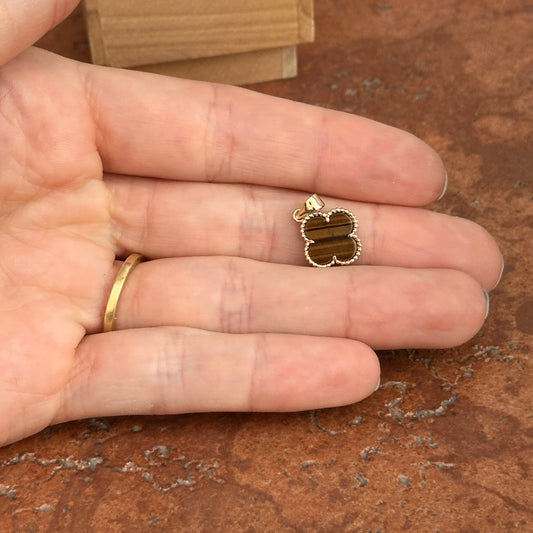 14KT Yellow Gold Tiger's Eye Clover Beaded Pendant Charm 12mm